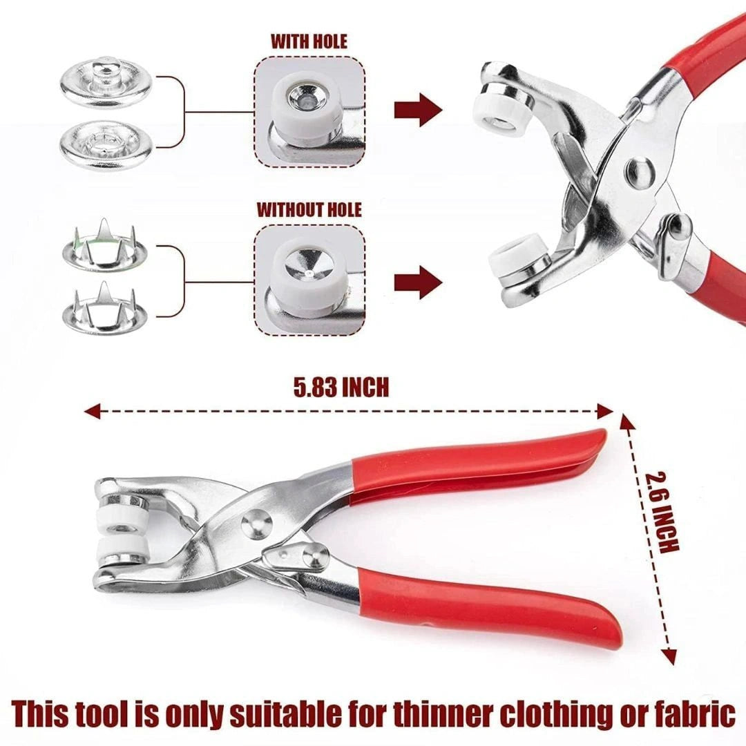 Snap button plier pressing button onto fabric